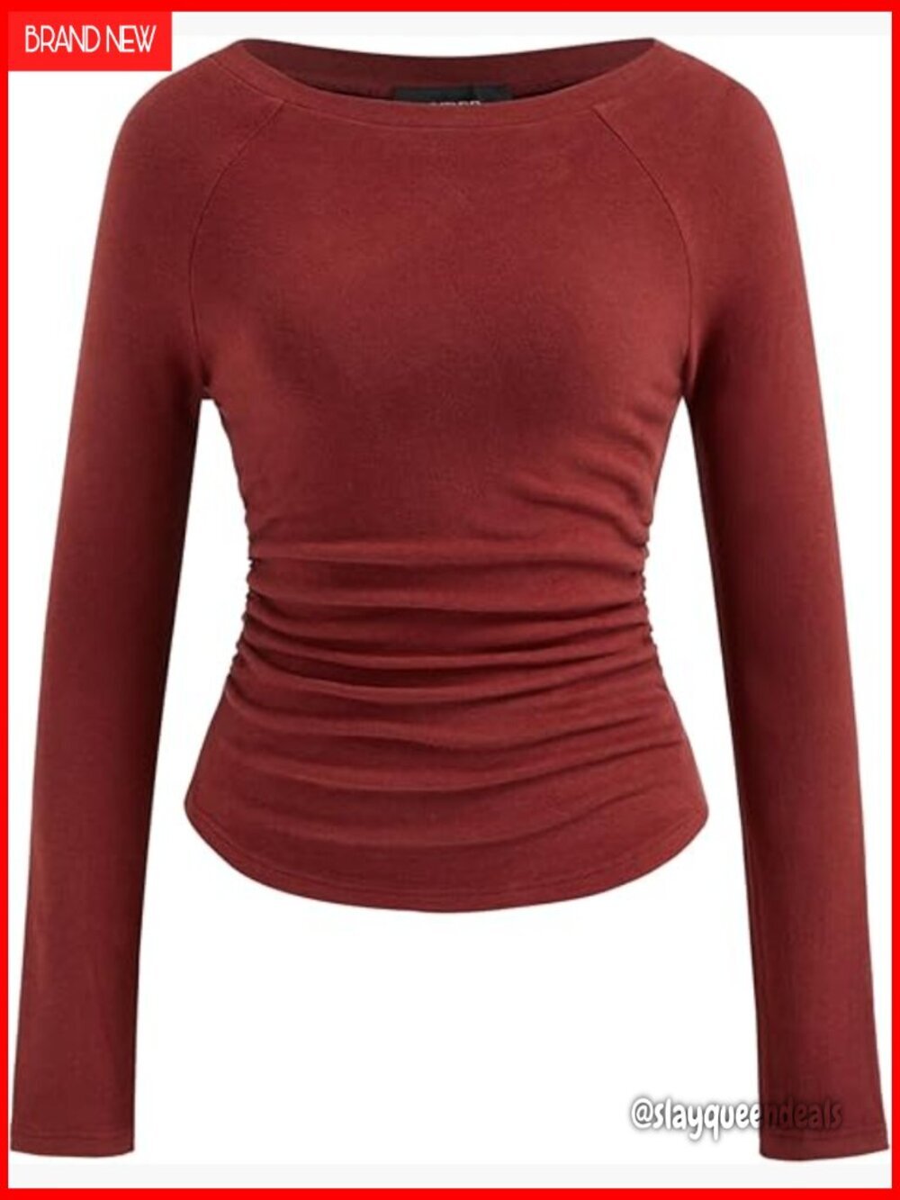 Long Sleeve Boat Neck Top with Ruched Detail, Slim Fit, Viscose Blend